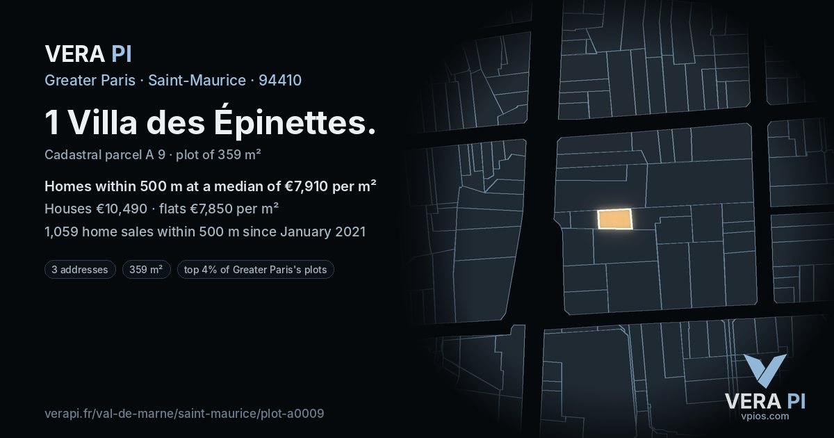 1 Villa des Épinettes, Saint-Maurice at night – the plot lit, the parcels around coloured by the prices near them
