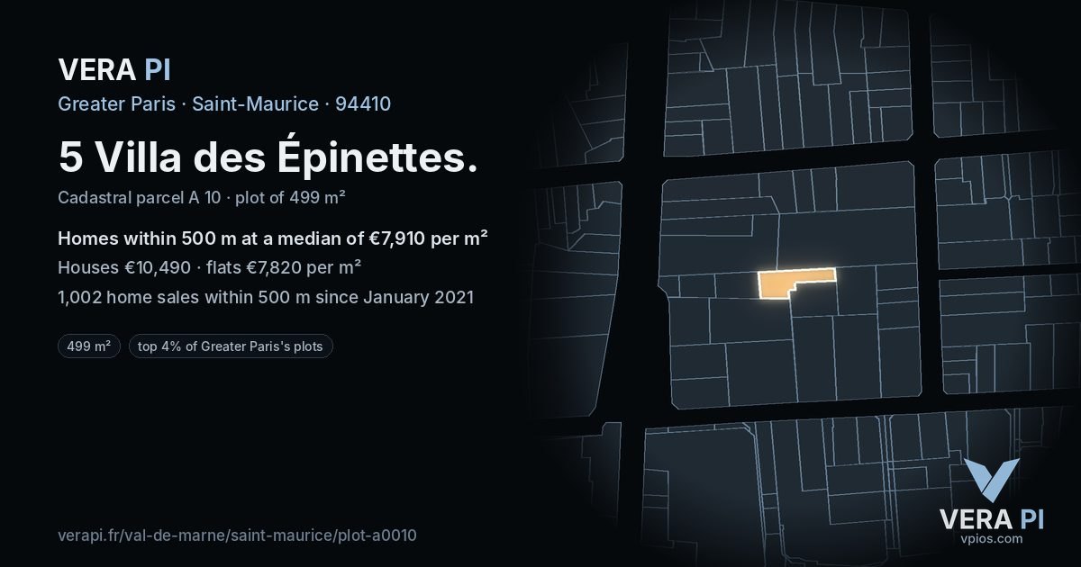 5 Villa des Épinettes, Saint-Maurice at night – the plot lit, the parcels around coloured by the prices near them