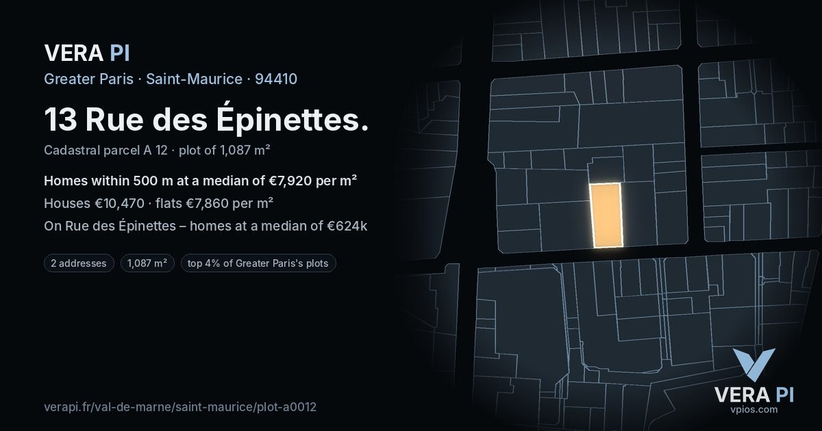 13 Rue des Épinettes, Saint-Maurice at night – the plot lit, the parcels around coloured by the prices near them
