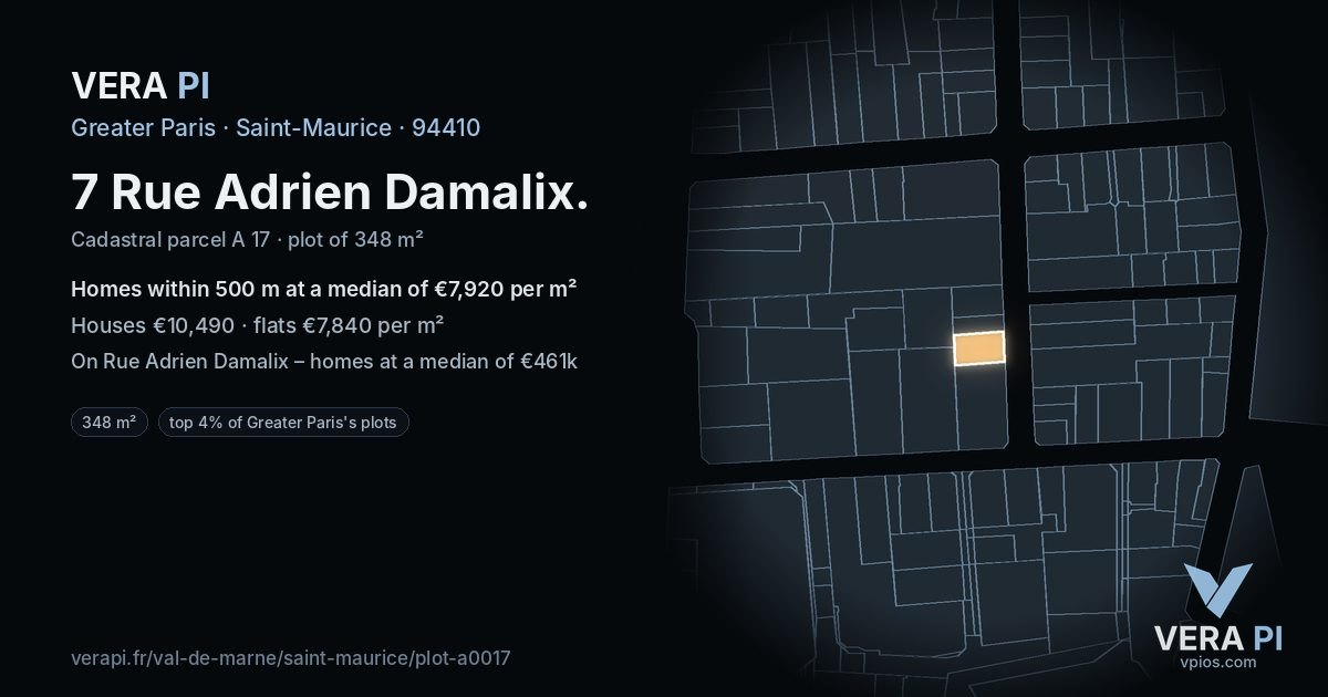 7 Rue Adrien Damalix, Saint-Maurice at night – the plot lit, the parcels around coloured by the prices near them