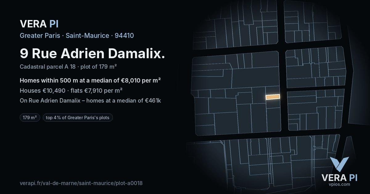 9 Rue Adrien Damalix, Saint-Maurice at night – the plot lit, the parcels around coloured by the prices near them