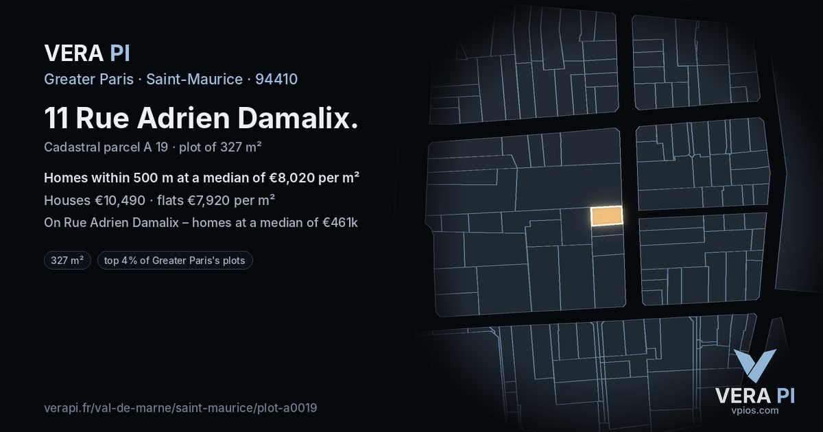 11 Rue Adrien Damalix, Saint-Maurice at night – the plot lit, the parcels around coloured by the prices near them