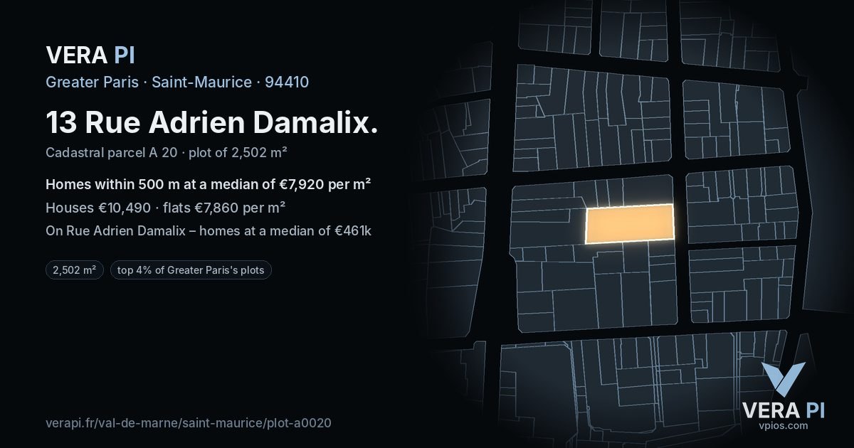 13 Rue Adrien Damalix, Saint-Maurice at night – the plot lit, the parcels around coloured by the prices near them