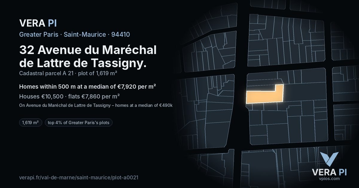 32 Avenue du Maréchal de Lattre de Tassigny, Saint-Maurice at night – the plot lit, the parcels around coloured by the prices near them