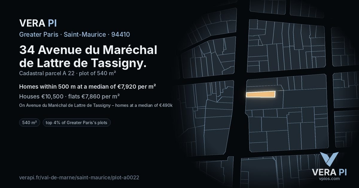 34 Avenue du Maréchal de Lattre de Tassigny, Saint-Maurice at night – the plot lit, the parcels around coloured by the prices near them