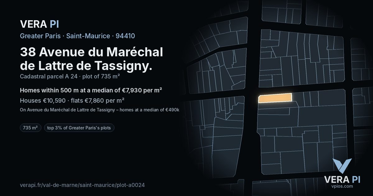 38 Avenue du Maréchal de Lattre de Tassigny, Saint-Maurice at night – the plot lit, the parcels around coloured by the prices near them