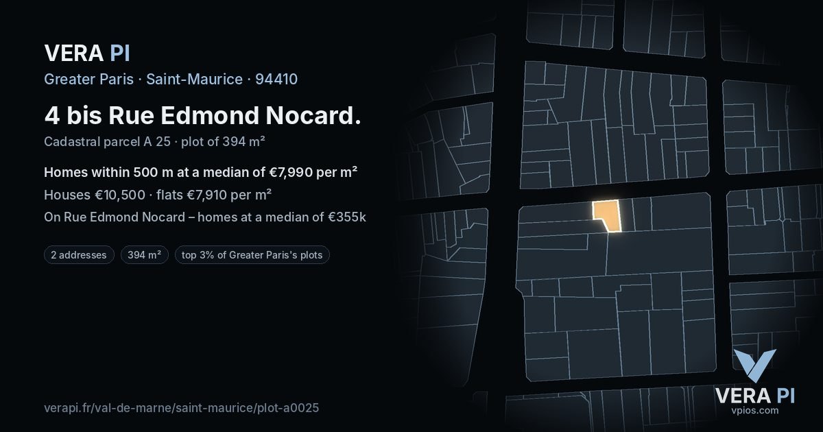 4 bis Rue Edmond Nocard, Saint-Maurice at night – the plot lit, the parcels around coloured by the prices near them
