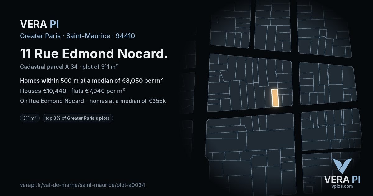 11 Rue Edmond Nocard, Saint-Maurice at night – the plot lit, the parcels around coloured by the prices near them