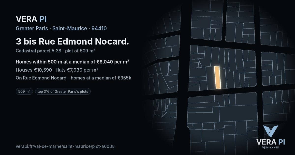 3 bis Rue Edmond Nocard, Saint-Maurice at night – the plot lit, the parcels around coloured by the prices near them