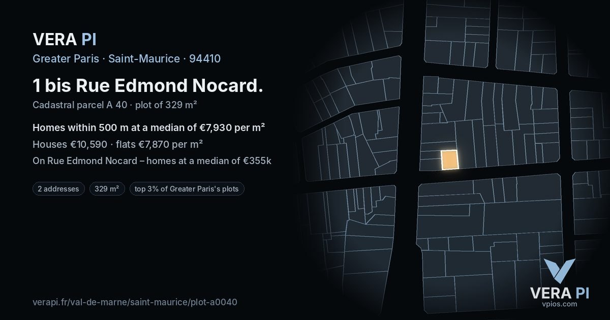 1 bis Rue Edmond Nocard, Saint-Maurice at night – the plot lit, the parcels around coloured by the prices near them