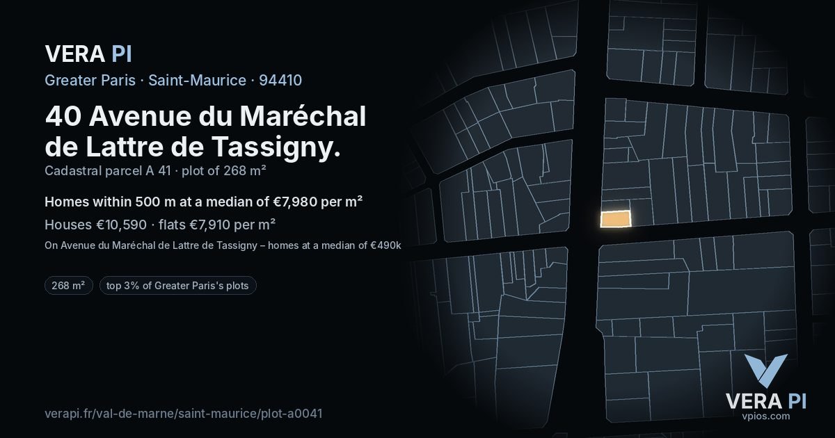 40 Avenue du Maréchal de Lattre de Tassigny, Saint-Maurice at night – the plot lit, the parcels around coloured by the prices near them