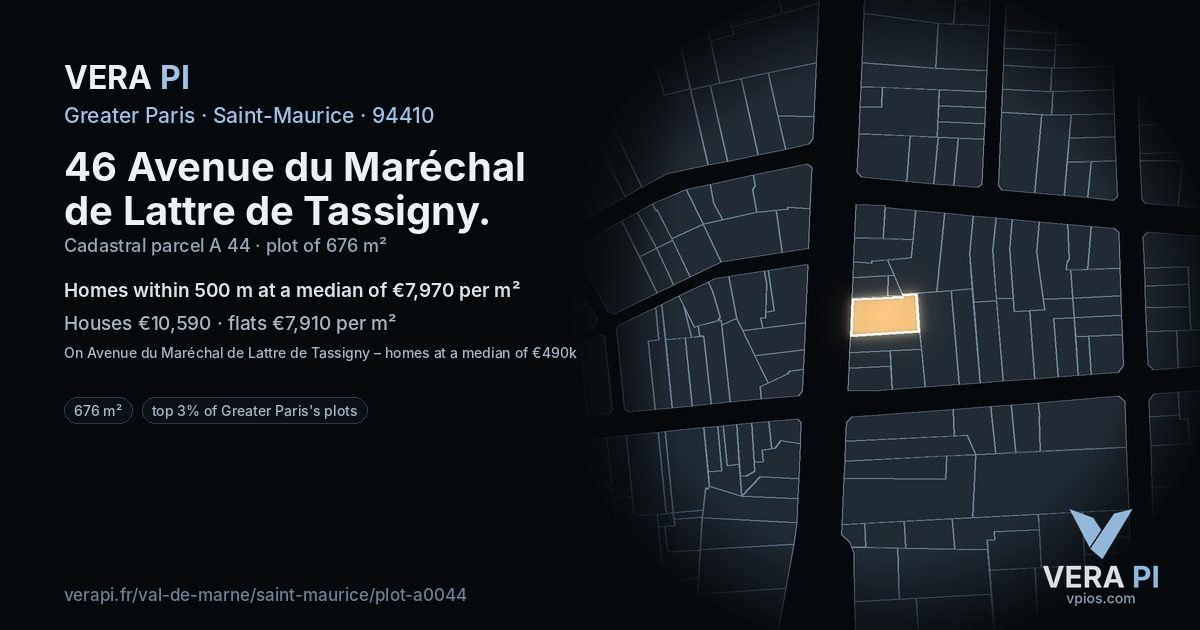 46 Avenue du Maréchal de Lattre de Tassigny, Saint-Maurice at night – the plot lit, the parcels around coloured by the prices near them