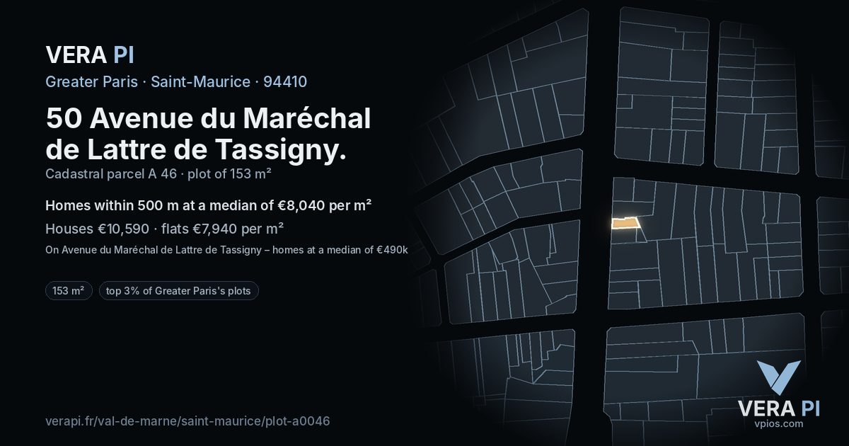 50 Avenue du Maréchal de Lattre de Tassigny, Saint-Maurice at night – the plot lit, the parcels around coloured by the prices near them