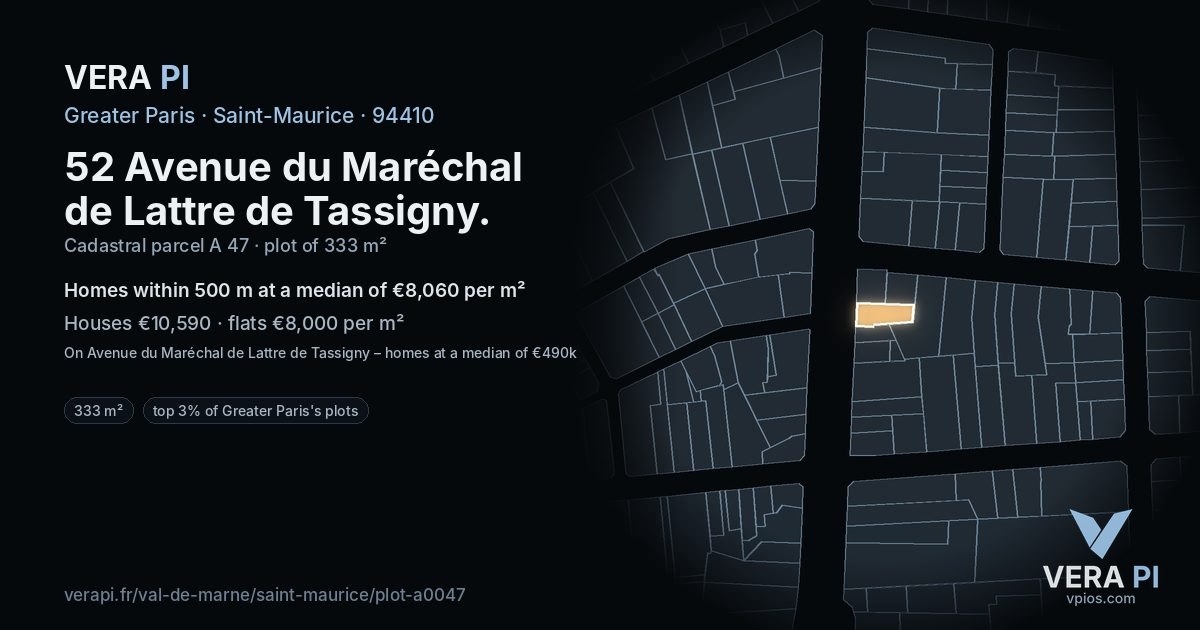 52 Avenue du Maréchal de Lattre de Tassigny, Saint-Maurice at night – the plot lit, the parcels around coloured by the prices near them