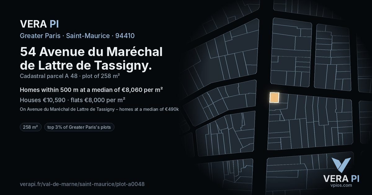 54 Avenue du Maréchal de Lattre de Tassigny, Saint-Maurice at night – the plot lit, the parcels around coloured by the prices near them
