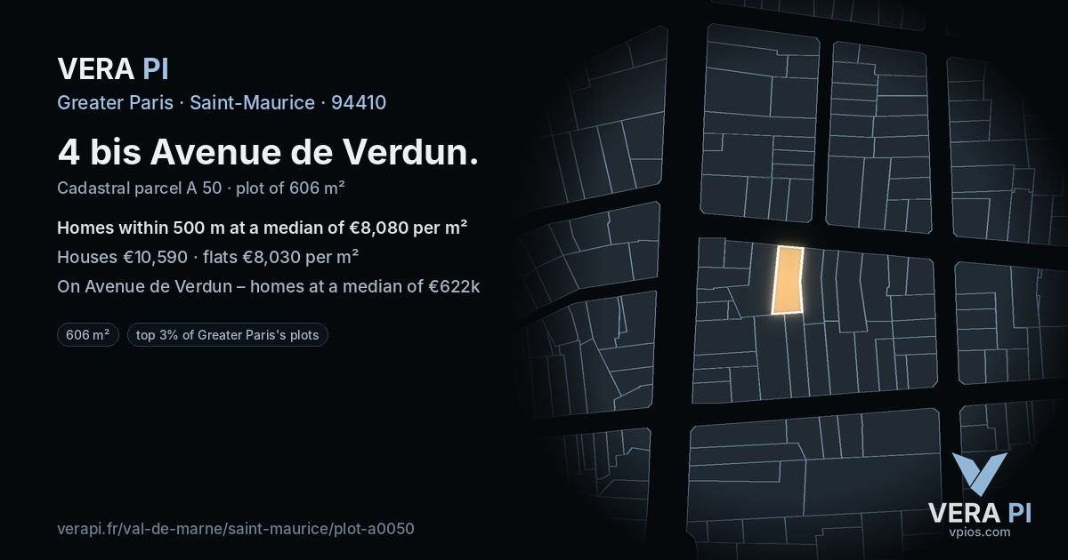 4 bis Avenue de Verdun, Saint-Maurice at night – the plot lit, the parcels around coloured by the prices near them