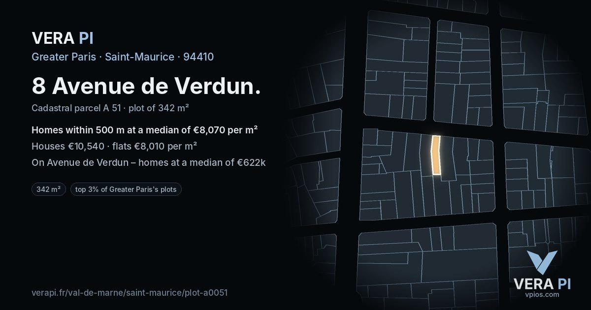 8 Avenue de Verdun, Saint-Maurice at night – the plot lit, the parcels around coloured by the prices near them