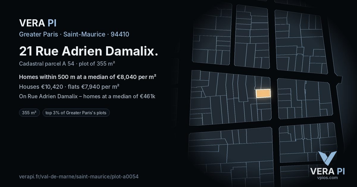 21 Rue Adrien Damalix, Saint-Maurice at night – the plot lit, the parcels around coloured by the prices near them