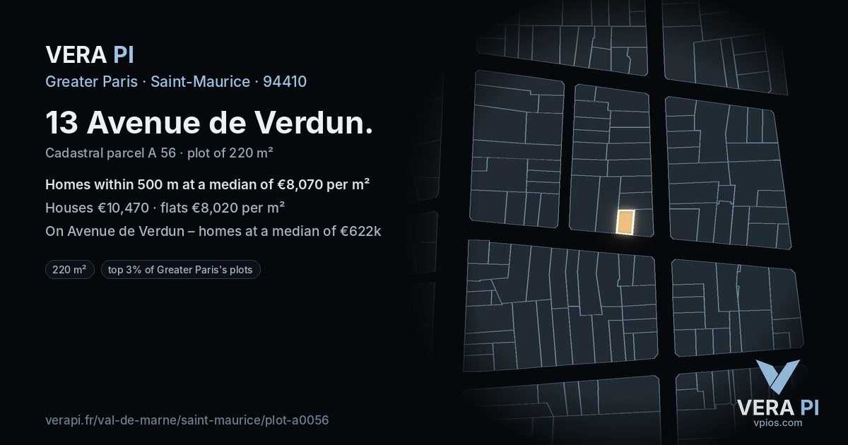 13 Avenue de Verdun, Saint-Maurice at night – the plot lit, the parcels around coloured by the prices near them