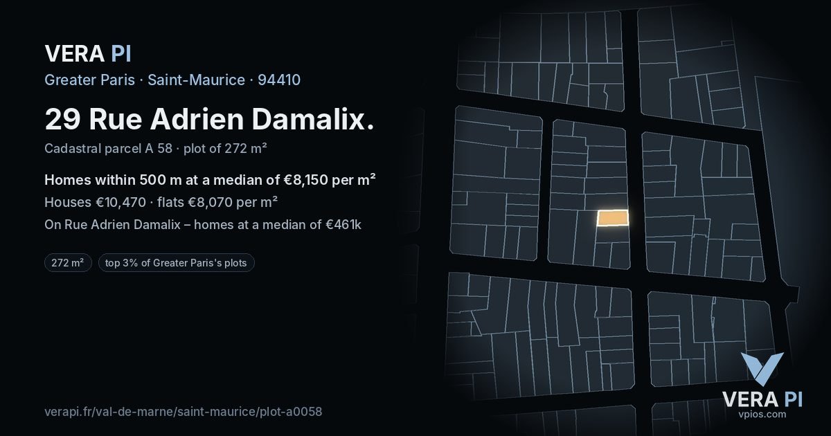 29 Rue Adrien Damalix, Saint-Maurice at night – the plot lit, the parcels around coloured by the prices near them