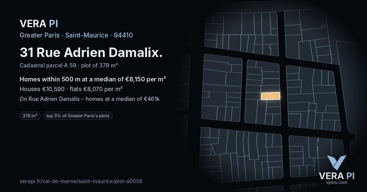 31 Rue Adrien Damalix, Saint-Maurice at night – the plot lit, the parcels around coloured by the prices near them