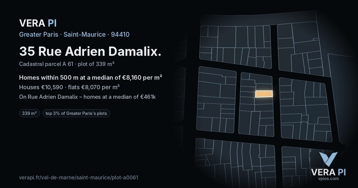 35 Rue Adrien Damalix, Saint-Maurice at night – the plot lit, the parcels around coloured by the prices near them