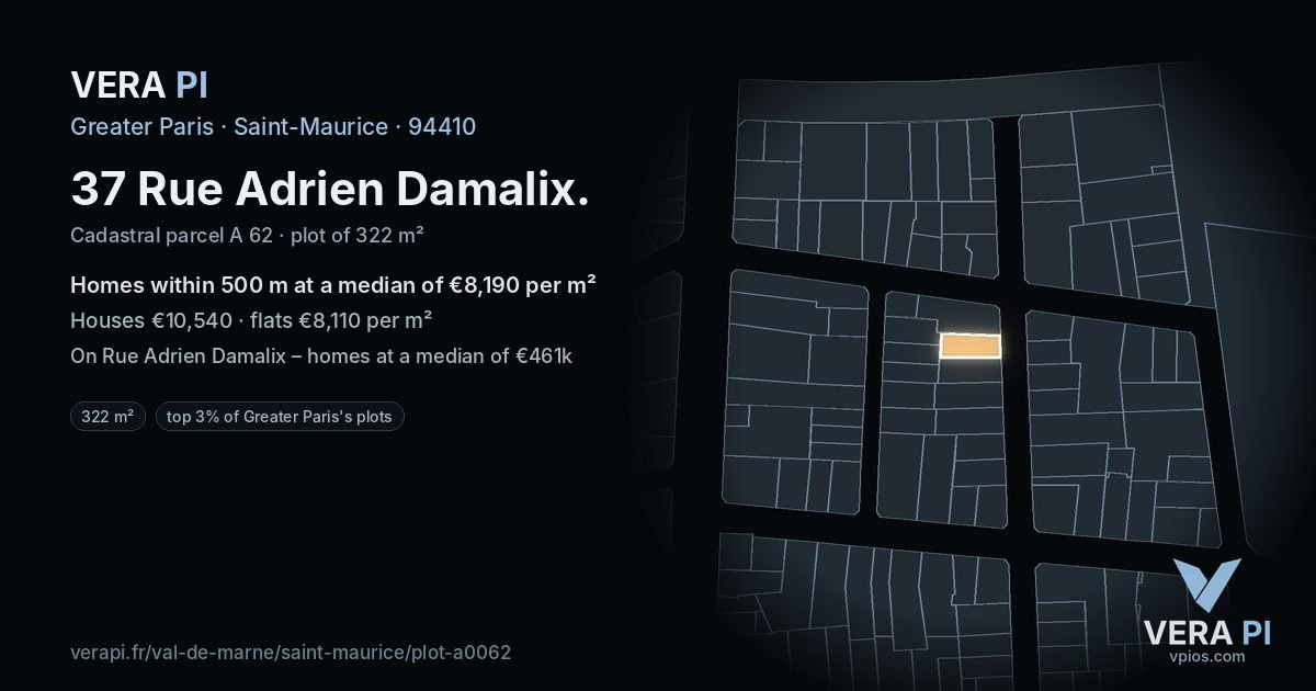37 Rue Adrien Damalix, Saint-Maurice at night – the plot lit, the parcels around coloured by the prices near them