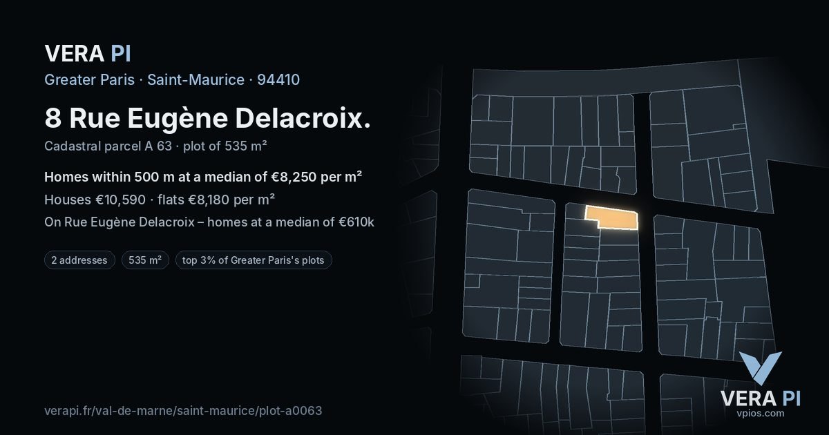 8 Rue Eugène Delacroix, Saint-Maurice at night – the plot lit, the parcels around coloured by the prices near them