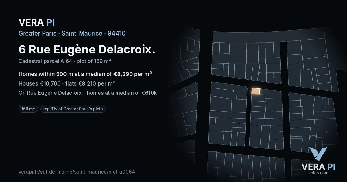 6 Rue Eugène Delacroix, Saint-Maurice at night – the plot lit, the parcels around coloured by the prices near them