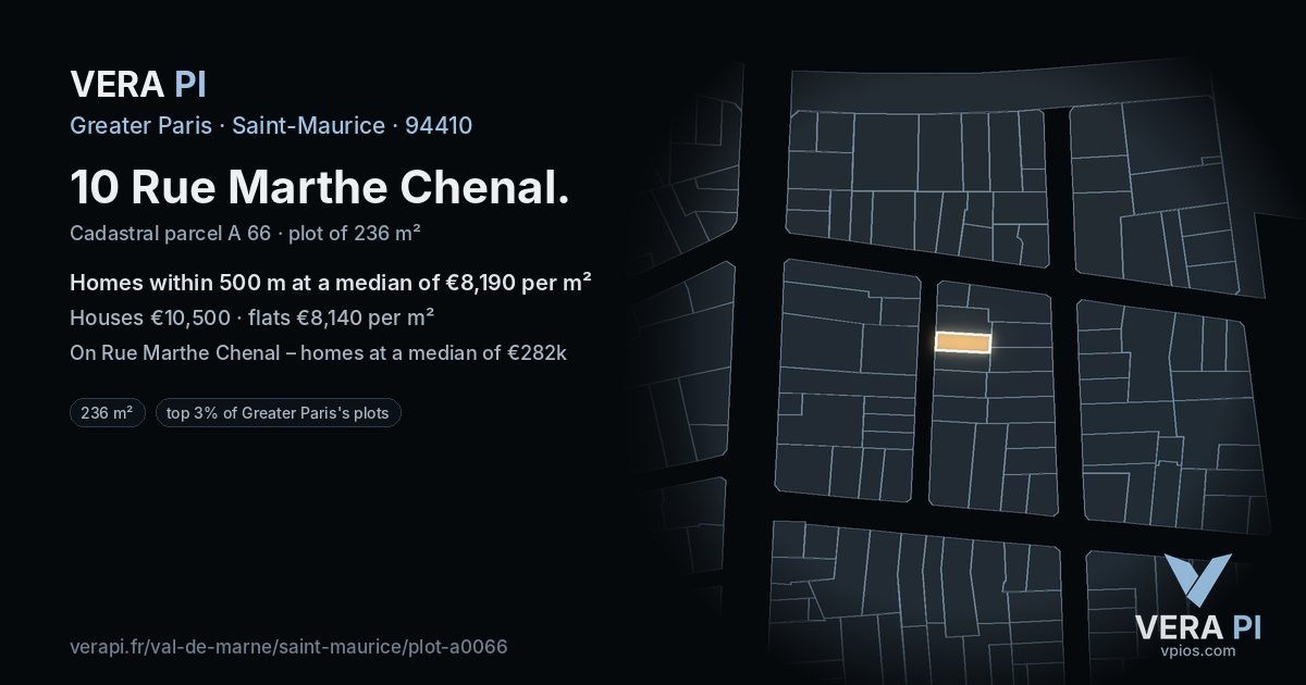 10 Rue Marthe Chenal, Saint-Maurice at night – the plot lit, the parcels around coloured by the prices near them