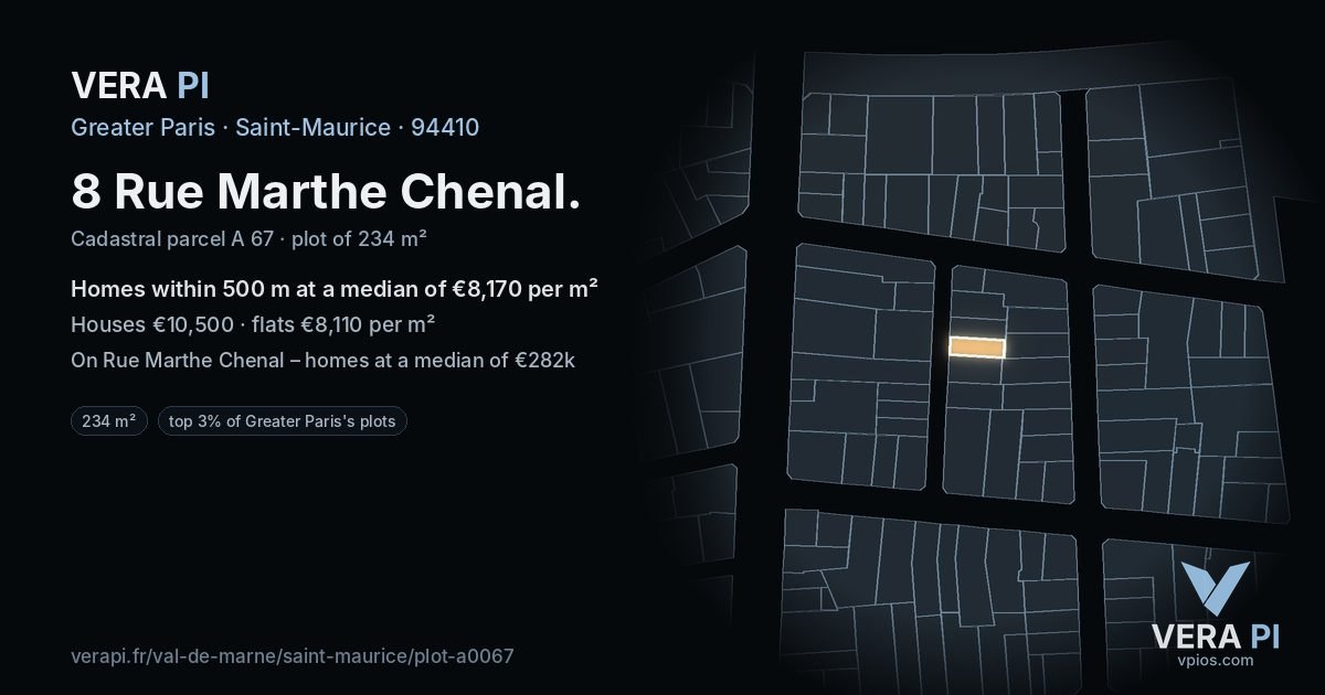 8 Rue Marthe Chenal, Saint-Maurice at night – the plot lit, the parcels around coloured by the prices near them