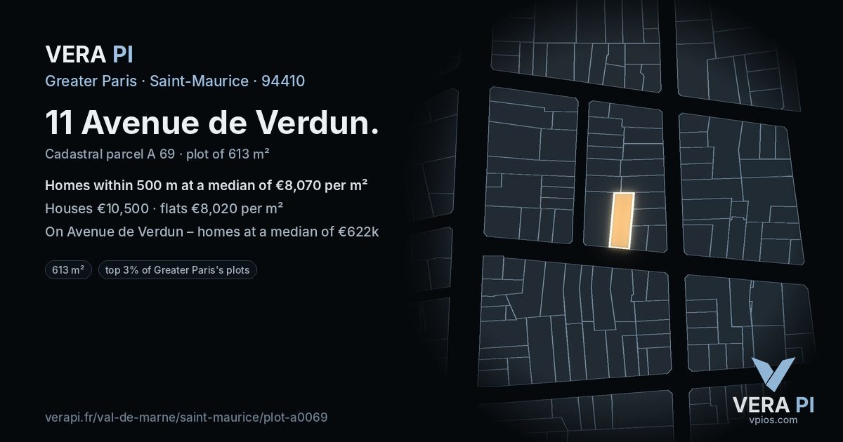 11 Avenue de Verdun, Saint-Maurice at night – the plot lit, the parcels around coloured by the prices near them