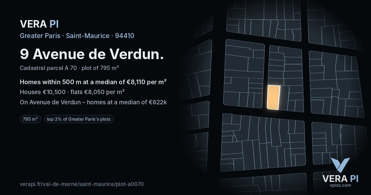 9 Avenue de Verdun, Saint-Maurice at night – the plot lit, the parcels around coloured by the prices near them