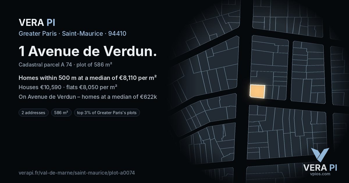 1 Avenue de Verdun, Saint-Maurice at night – the plot lit, the parcels around coloured by the prices near them