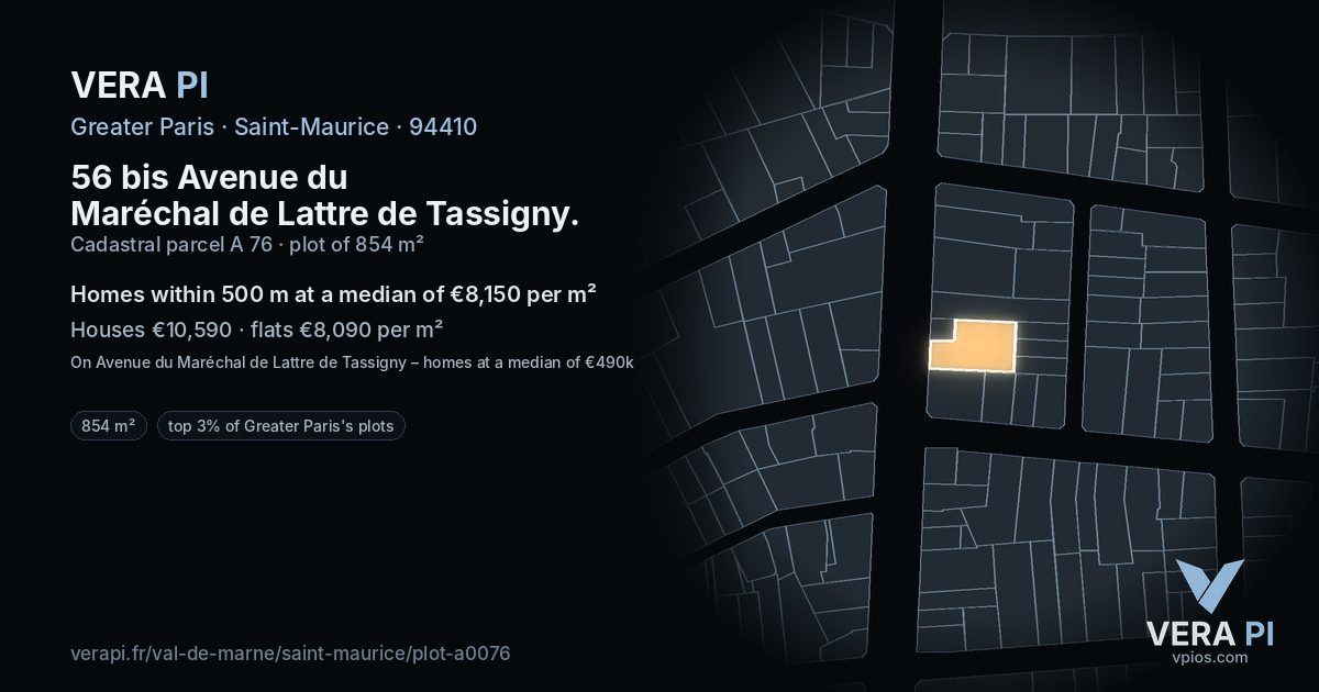 56 bis Avenue du Maréchal de Lattre de Tassigny, Saint-Maurice at night – the plot lit, the parcels around coloured by the prices near them
