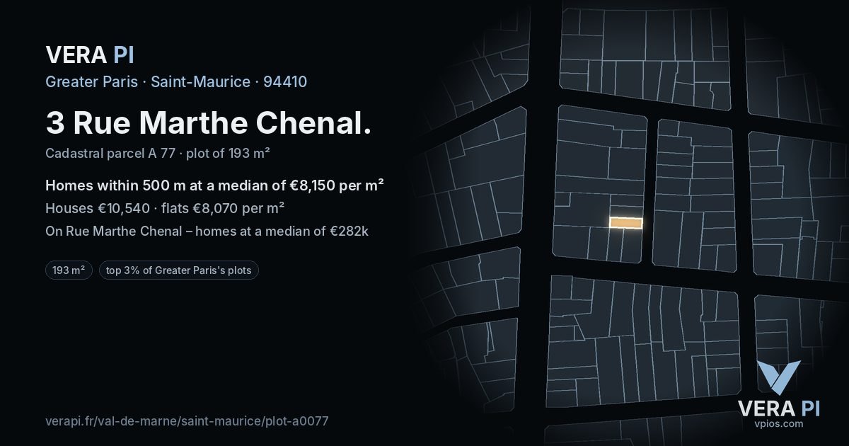 3 Rue Marthe Chenal, Saint-Maurice at night – the plot lit, the parcels around coloured by the prices near them