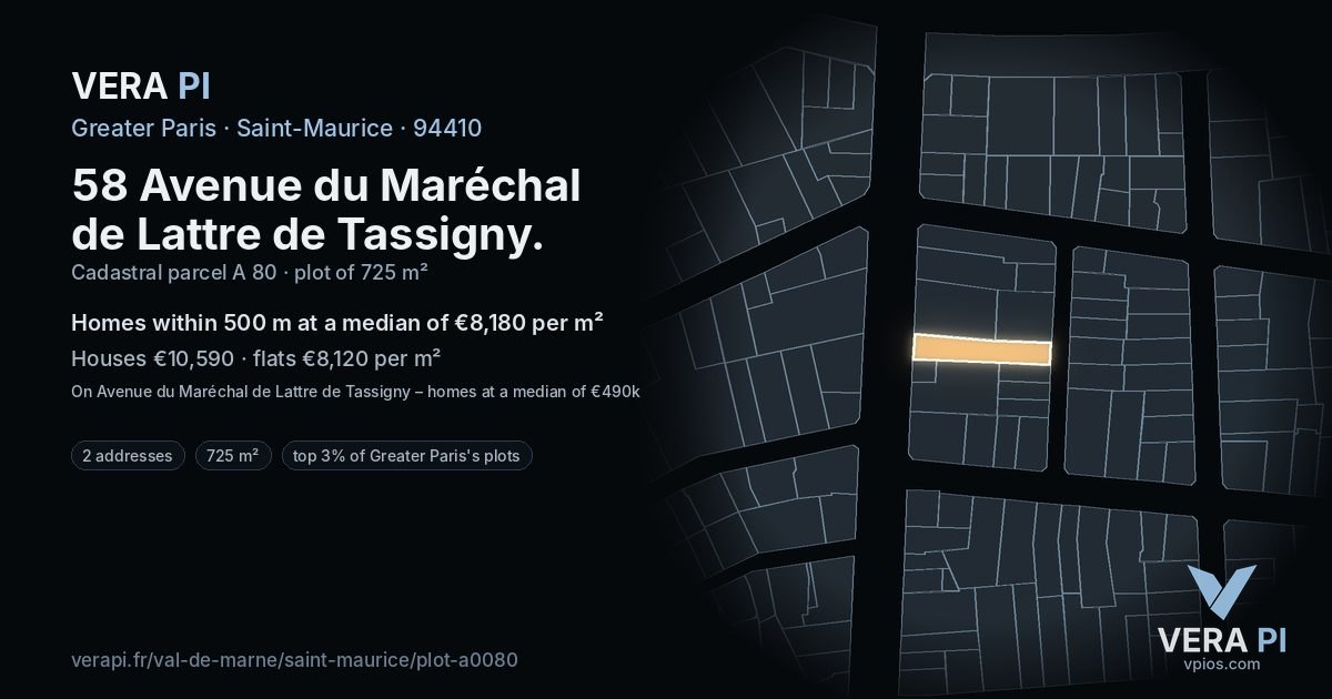 58 Avenue du Maréchal de Lattre de Tassigny, Saint-Maurice at night – the plot lit, the parcels around coloured by the prices near them