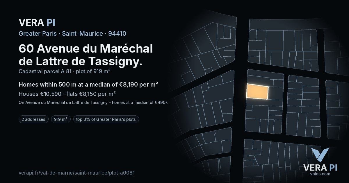 60 Avenue du Maréchal de Lattre de Tassigny, Saint-Maurice at night – the plot lit, the parcels around coloured by the prices near them