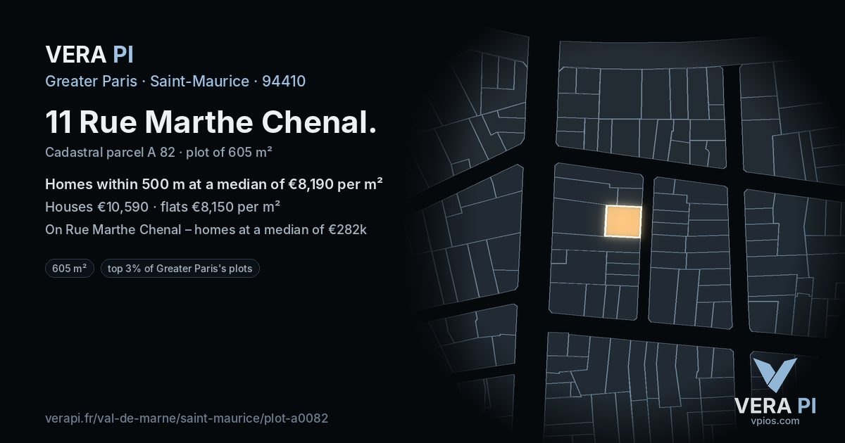 11 Rue Marthe Chenal, Saint-Maurice at night – the plot lit, the parcels around coloured by the prices near them