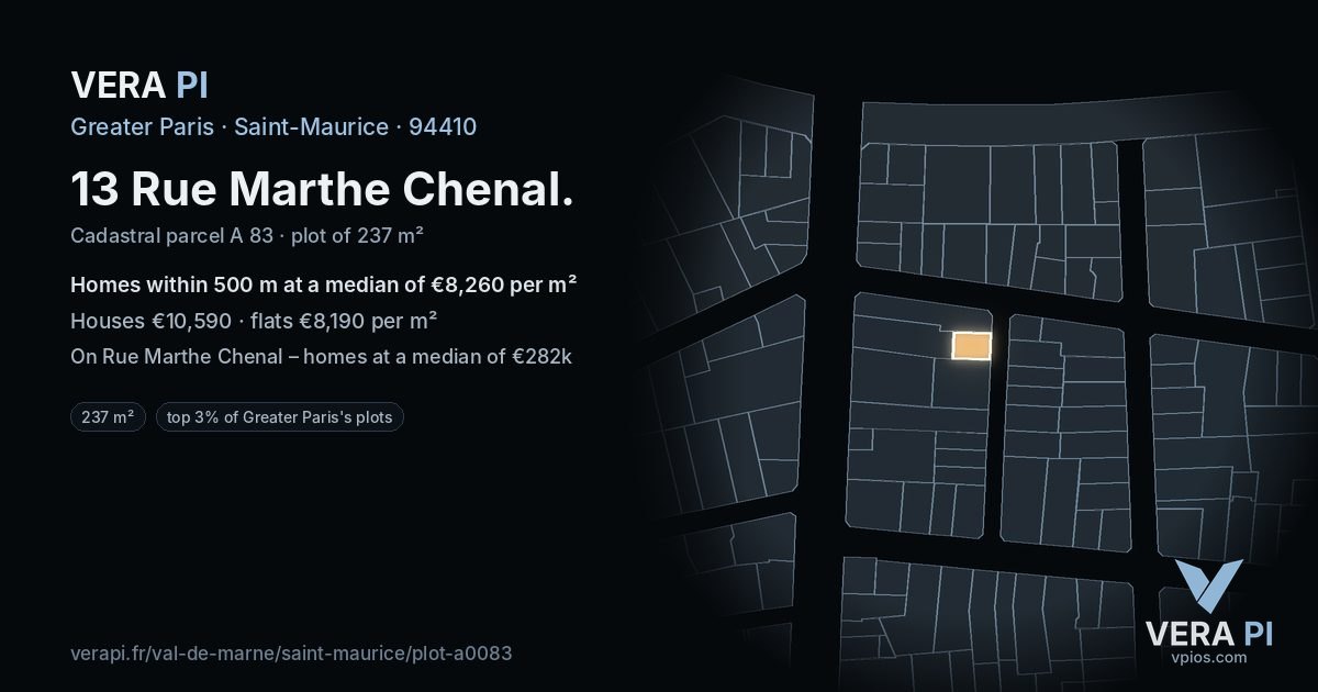 13 Rue Marthe Chenal, Saint-Maurice at night – the plot lit, the parcels around coloured by the prices near them