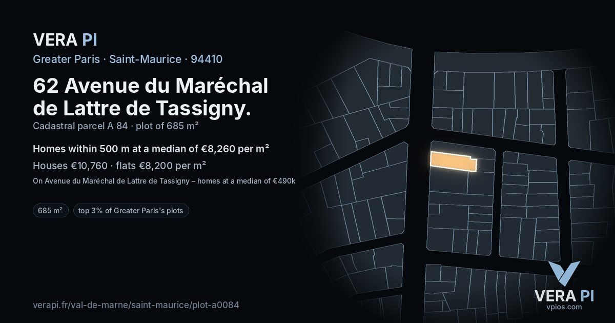 62 Avenue du Maréchal de Lattre de Tassigny, Saint-Maurice at night – the plot lit, the parcels around coloured by the prices near them