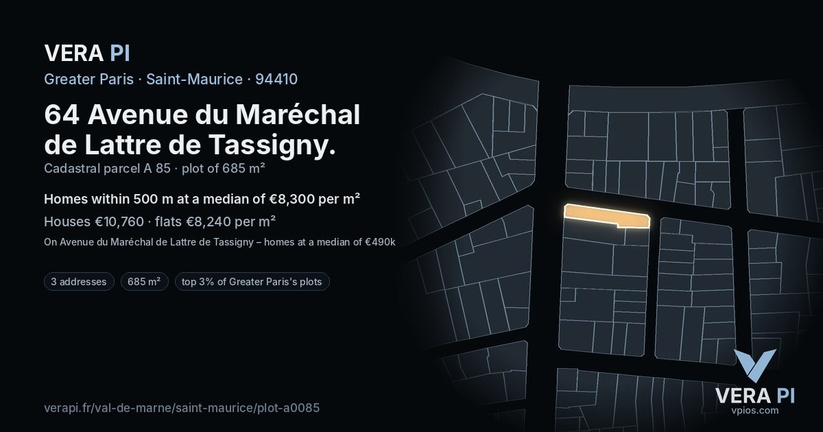 64 Avenue du Maréchal de Lattre de Tassigny, Saint-Maurice at night – the plot lit, the parcels around coloured by the prices near them