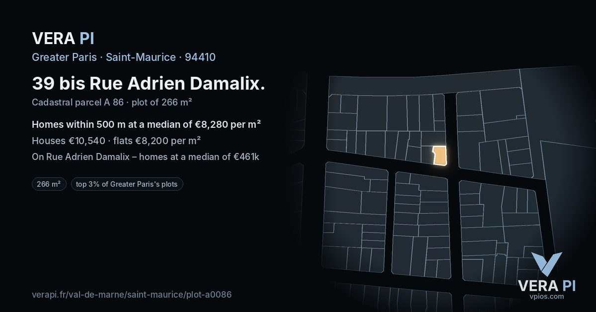 39 bis Rue Adrien Damalix, Saint-Maurice at night – the plot lit, the parcels around coloured by the prices near them
