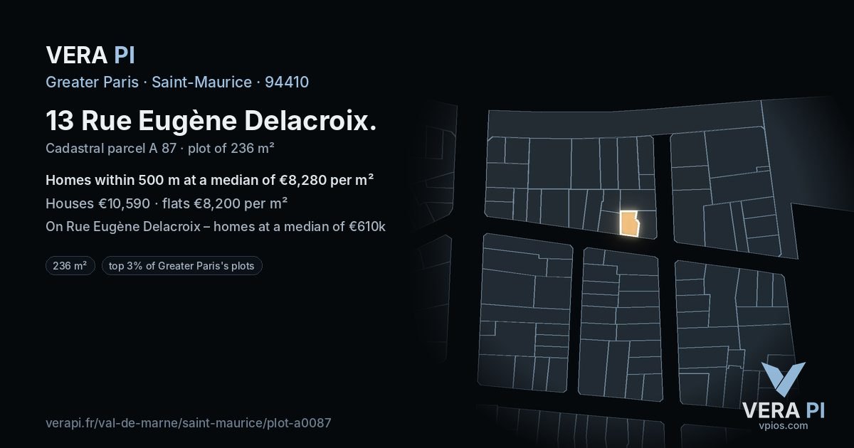 13 Rue Eugène Delacroix, Saint-Maurice at night – the plot lit, the parcels around coloured by the prices near them
