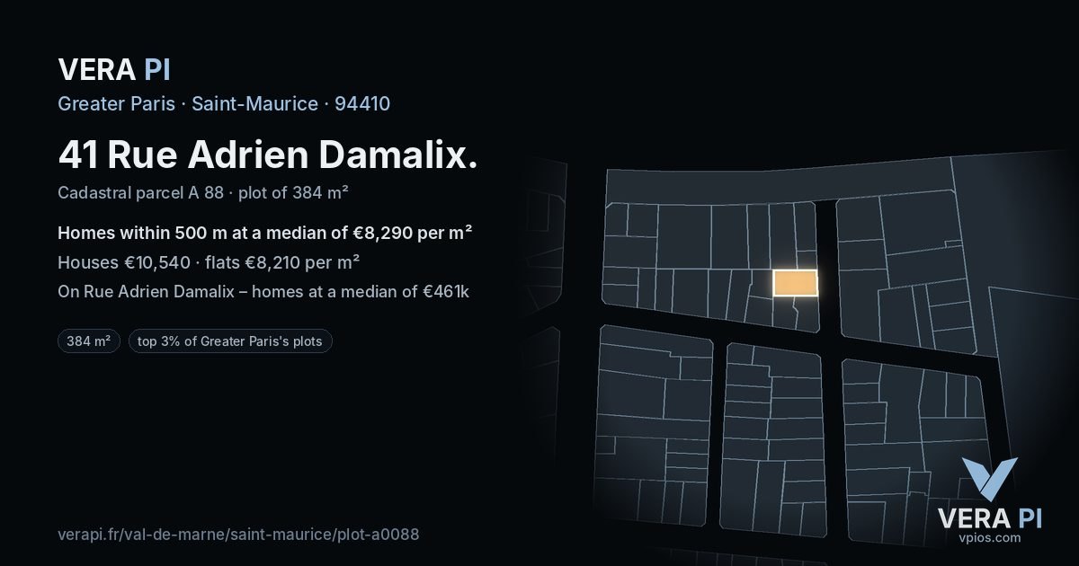 41 Rue Adrien Damalix, Saint-Maurice at night – the plot lit, the parcels around coloured by the prices near them