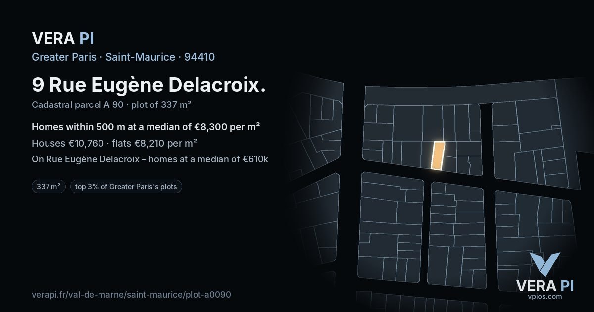 9 Rue Eugène Delacroix, Saint-Maurice at night – the plot lit, the parcels around coloured by the prices near them