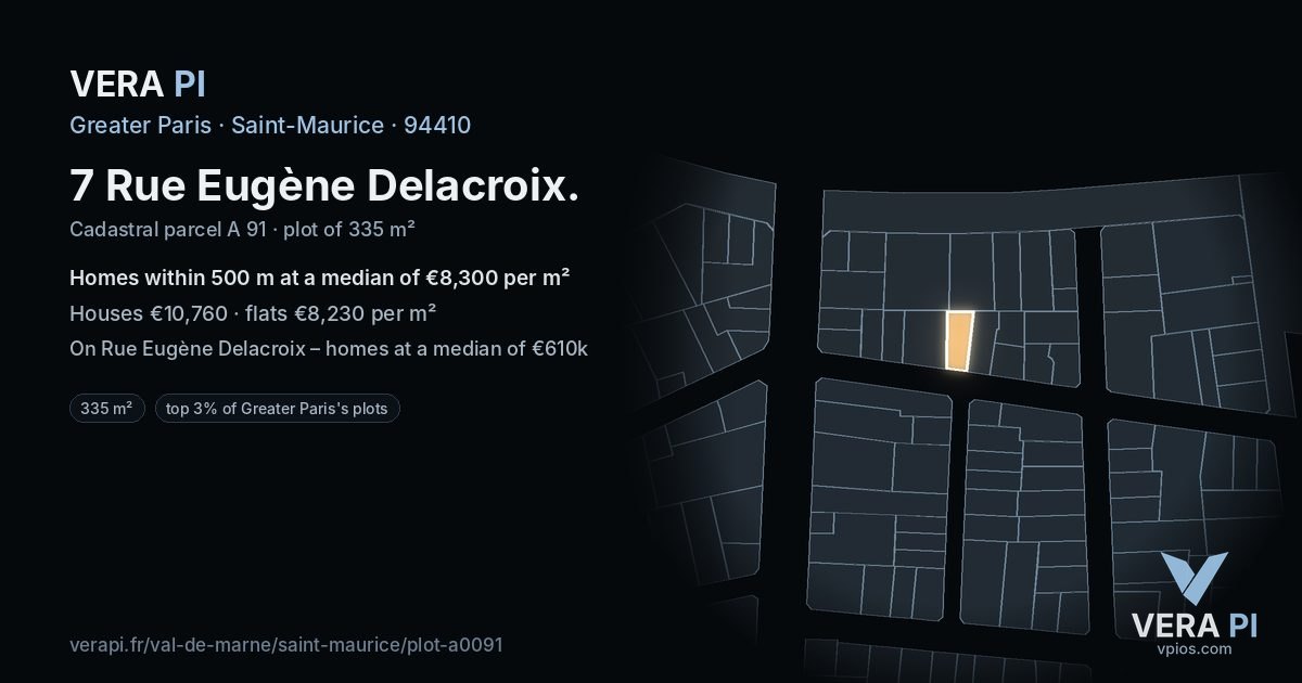 7 Rue Eugène Delacroix, Saint-Maurice at night – the plot lit, the parcels around coloured by the prices near them
