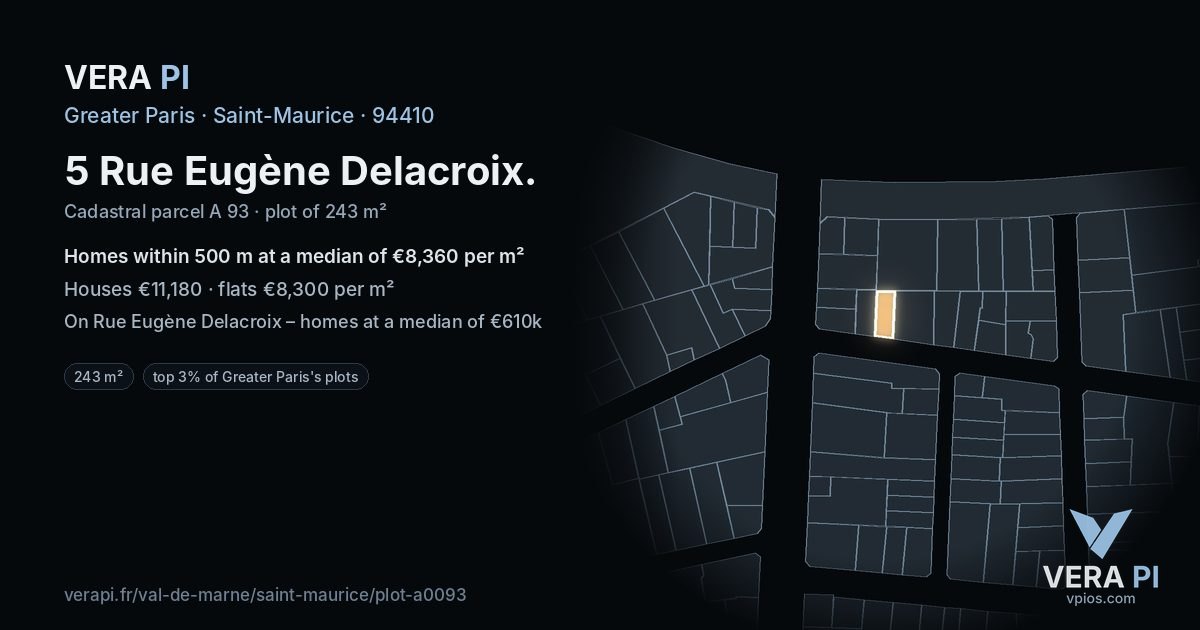 5 Rue Eugène Delacroix, Saint-Maurice at night – the plot lit, the parcels around coloured by the prices near them