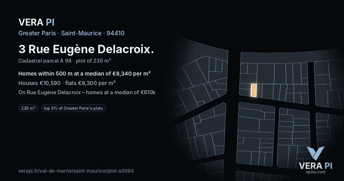 3 Rue Eugène Delacroix, Saint-Maurice at night – the plot lit, the parcels around coloured by the prices near them