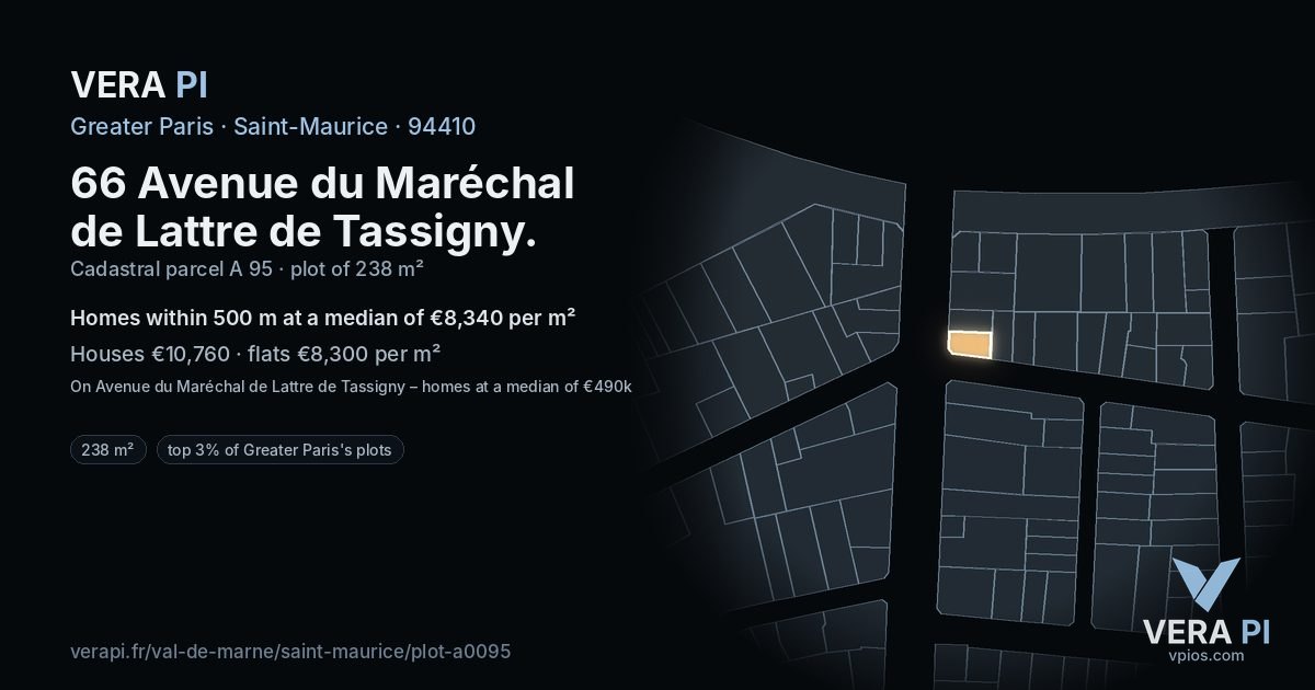 66 Avenue du Maréchal de Lattre de Tassigny, Saint-Maurice at night – the plot lit, the parcels around coloured by the prices near them